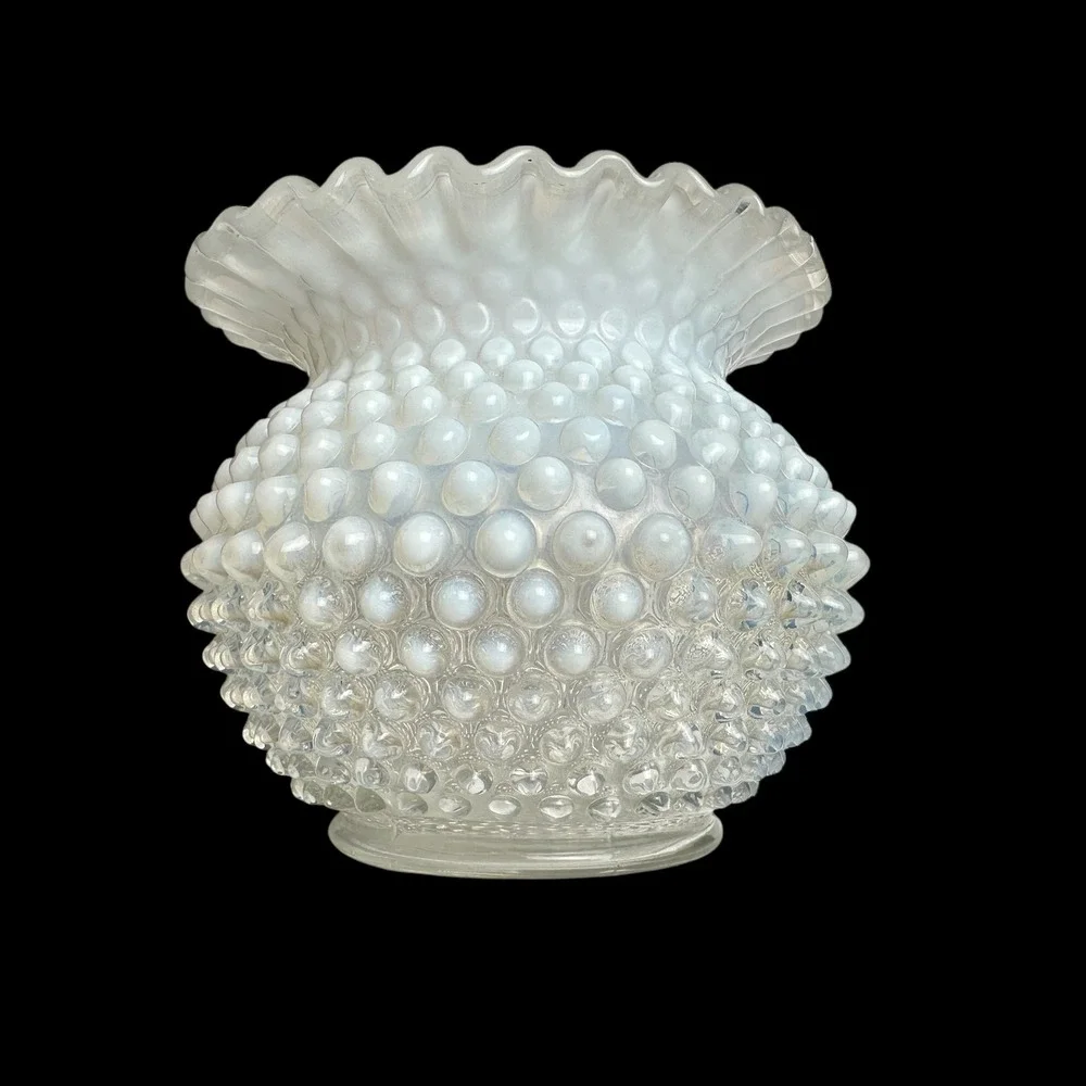 Fenton Moonstone Opalescent Hobnail Glass Vase Ruffled Rim Vintage MCM 4.5